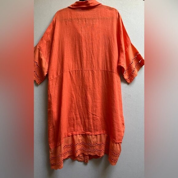 Vibrant Orange 100% Linen Made in Italy Button-Down Tunic Dress Sz XXL 26” PTP - Picture 3 of 13